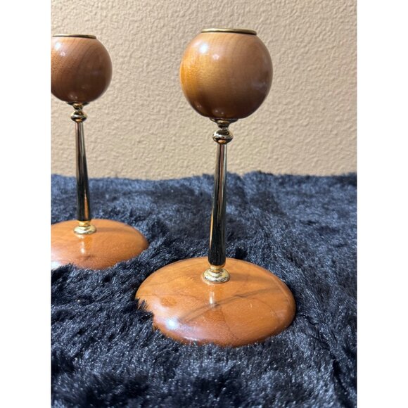 Myrtle Wood & Brass Candlestick Holders Set Of 2 Stands 6.5" Tall MCM Style - Picture 2 of 7